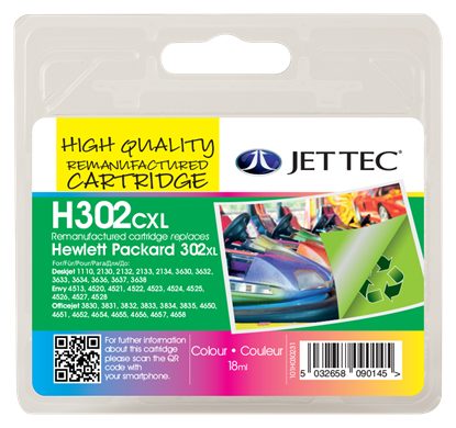 Jettec Replacement 302XL High Capacity Colour Ink Cartridge (Alternative to HP No F6U67AE), 18ml