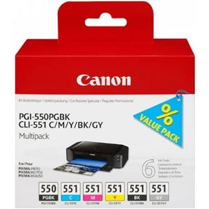 Canon i550 6496B005 Canon PGI-550 / CLI-551 Ink Cartridge Multipack - (PGI-550PGBK/CLI-551BK/C/M/Y/GY)